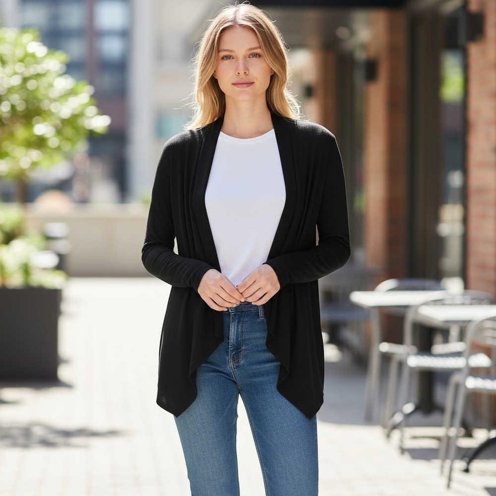 Double Zero Black Open Front Cardigan Draped Shawl Asymmetrical Lightweight L